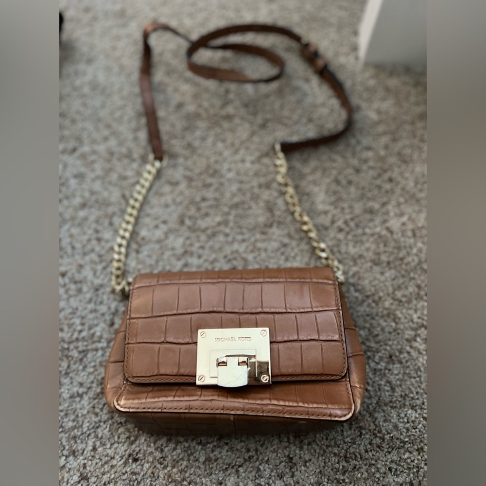 Brown leather mini crossbody by Michael Kors